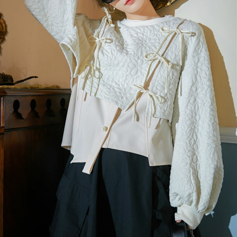

Sweet Hoodie Casual Short Sweatshirts Women Long Sleeve O-neck Pullovers Lace Up Tie Split High Street Oversize Loose 2021