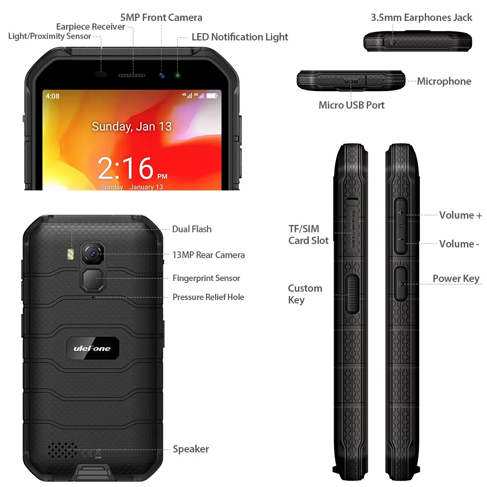 Ulefone Armor X7 5.0-inch Android10 Rugged Waterproof Smartphone Cell Phone 2GB 16GB  ip68 Quad-core  NFC 4G LTE Mobile Phone