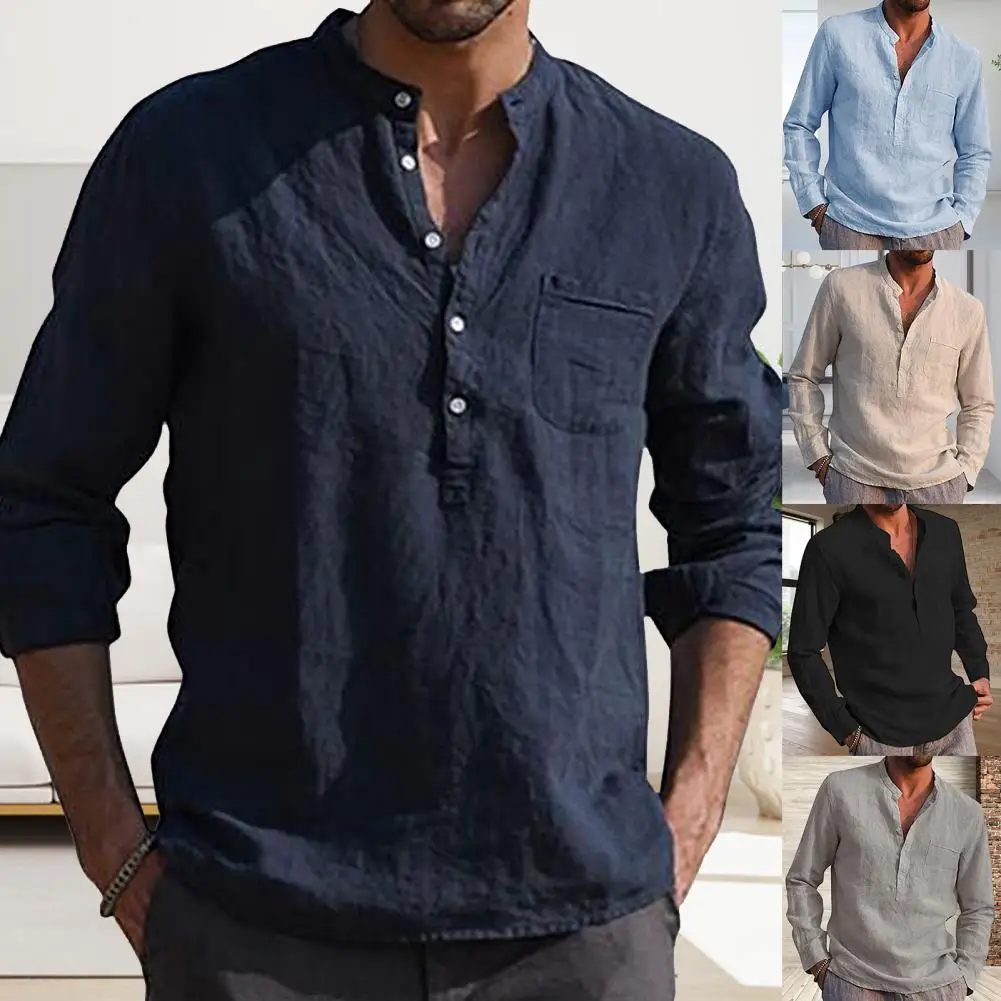 

Men Solid Color V Neck Long Sleeve Button Pocket T-shirt Top Cotton Linen Shirt