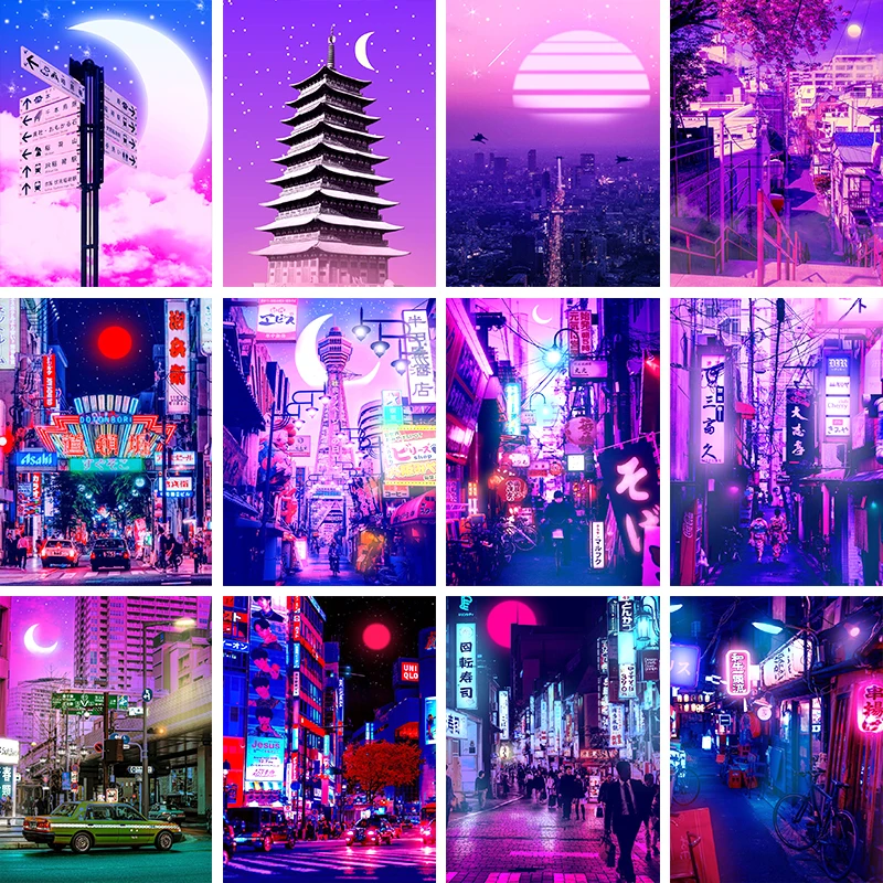 

1 Piece Wall Art Canvas City Neon Night Poster 80s Vaporwave Style City Street Living Room Picture Prints Bedroom Home Decor