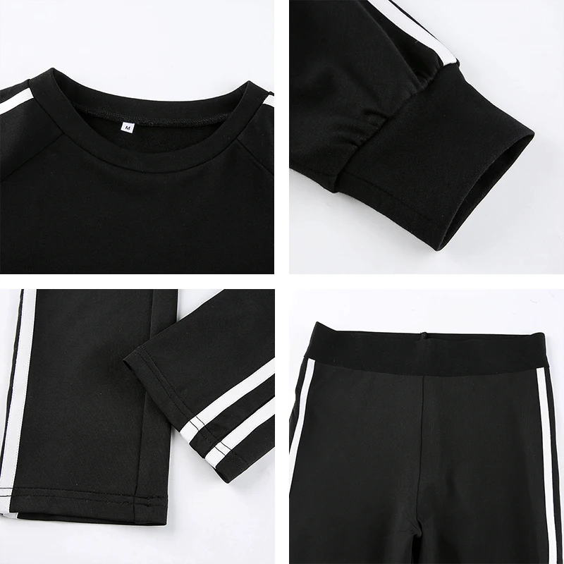 

Black Letter Embrodiery Striped 2 Piece Sets Womens Outfits High Waist Pants Cropped Long Sleeve 2021 Sweatsuits For Women