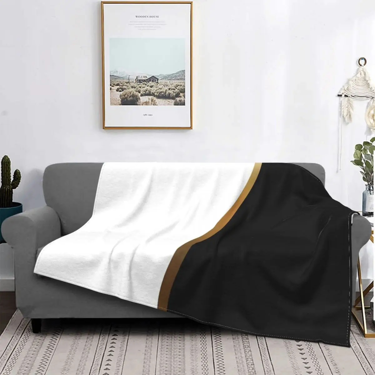 

Manta de onda dorada en blanco y negro, a cuadros colcha para cama, sofa, cama, manta Kawaii