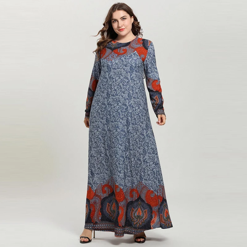 Женское длинное платье с длинным рукавом серое винтажное в стиле ретро принтом