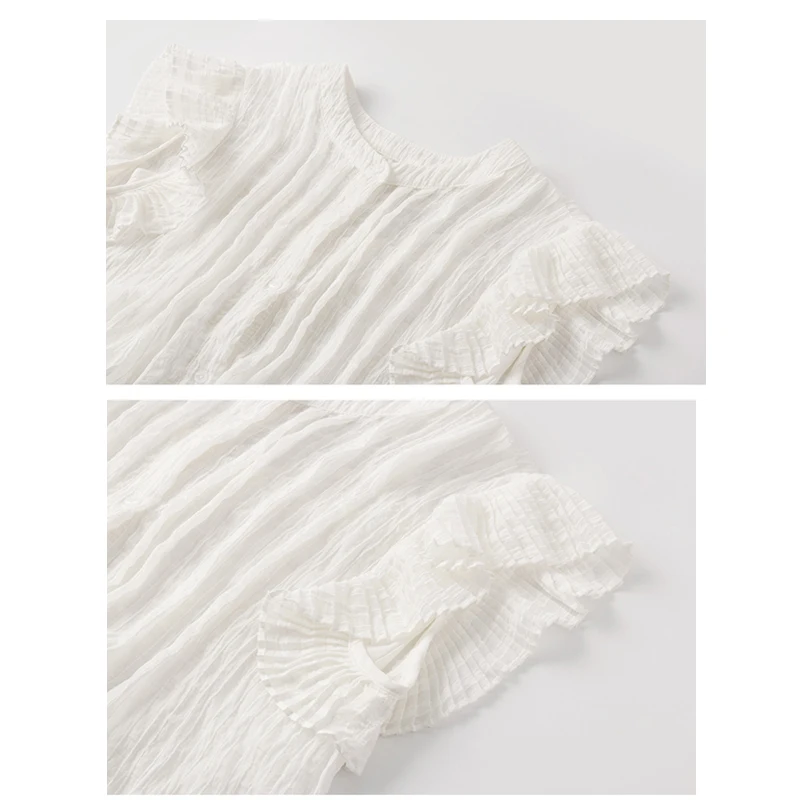 

Button Crumpled Short Sleeve Chiffon Blouse 2021 Summer New Korean Women Round Neck White Elegant Ruffle Tops Blusas 8827 50