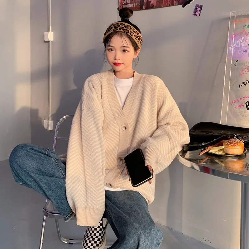 

Knitted Striped Cardigan Sweater Women Fashion Patchwork Top Spring 2020 Long Sleeve Casual Outwears V Neck Buttons Coa