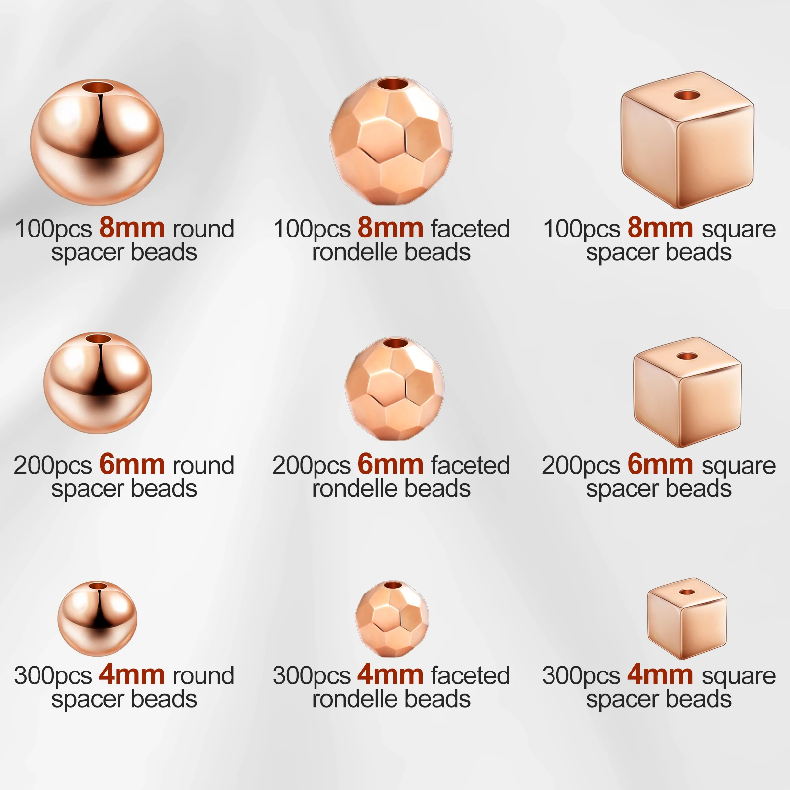 

1800Pcs 4/6/8Mm Round Diamond Square Metal Beads Smooth Ball Assorted Spacer Beads For Jewelry Making DIY Bracelet Necklace