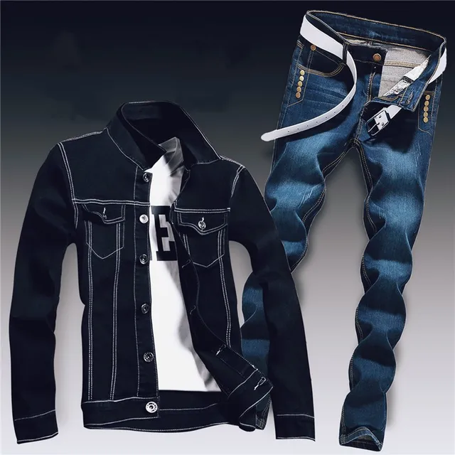 Spring Mens Denim Two Piece Set Hole 