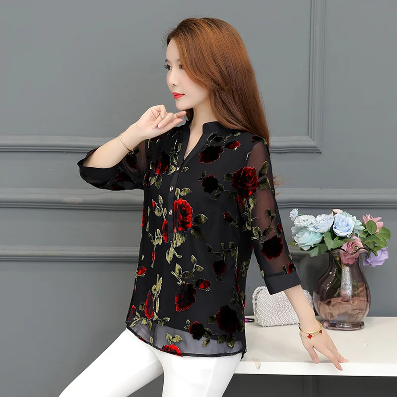 

5XL Plus Size Hollow Out Lace Patchwork Women Blouses 2020 Fashion Autumn 3/4 Sleeve Loose Floral Long Shirt Female Sexy Tops