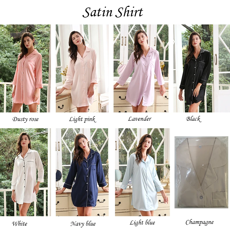 Satin Silk Long Sleeve Pajamas Shirt Dress Bridesmaid Night Shirt For Bridal Gifts House Robe for Women Silk Robe