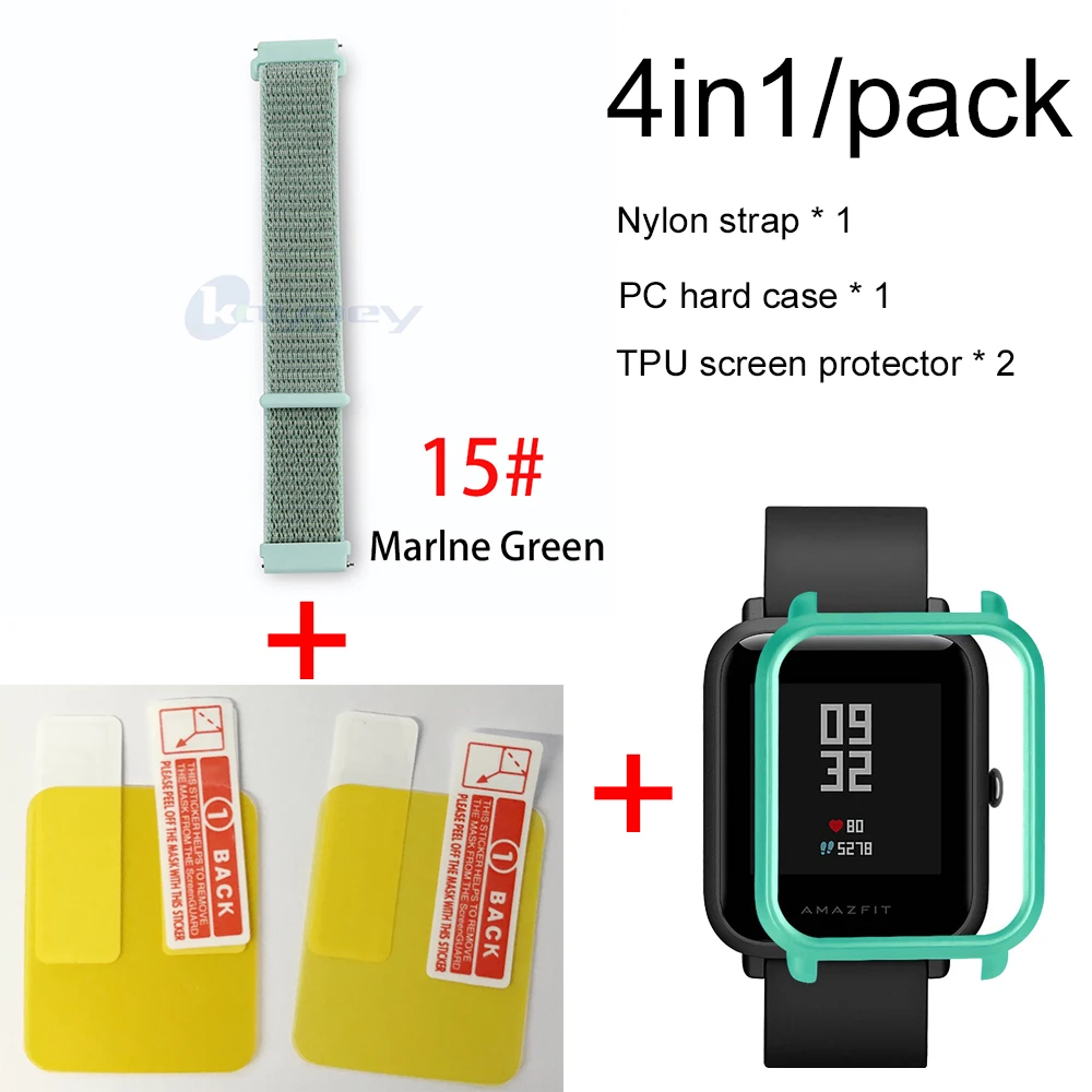 15-Green case 4в1 для Xiaomi Huami Amazfit ремешок bip браслет нейлоновая петля Smartwatch Браслет amazfit bip чехол с защитой экрана - Цвет: 15-Green case