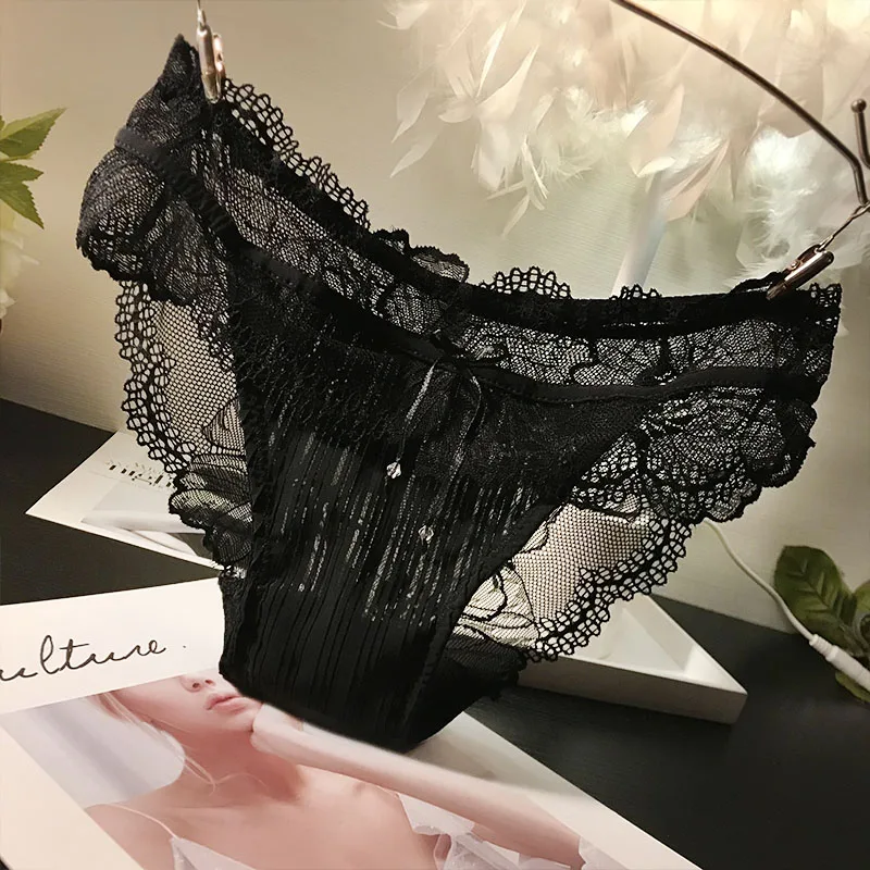 European and American transparent perspective sexy lace temptation women's underwear women's low waist briefs Japanese