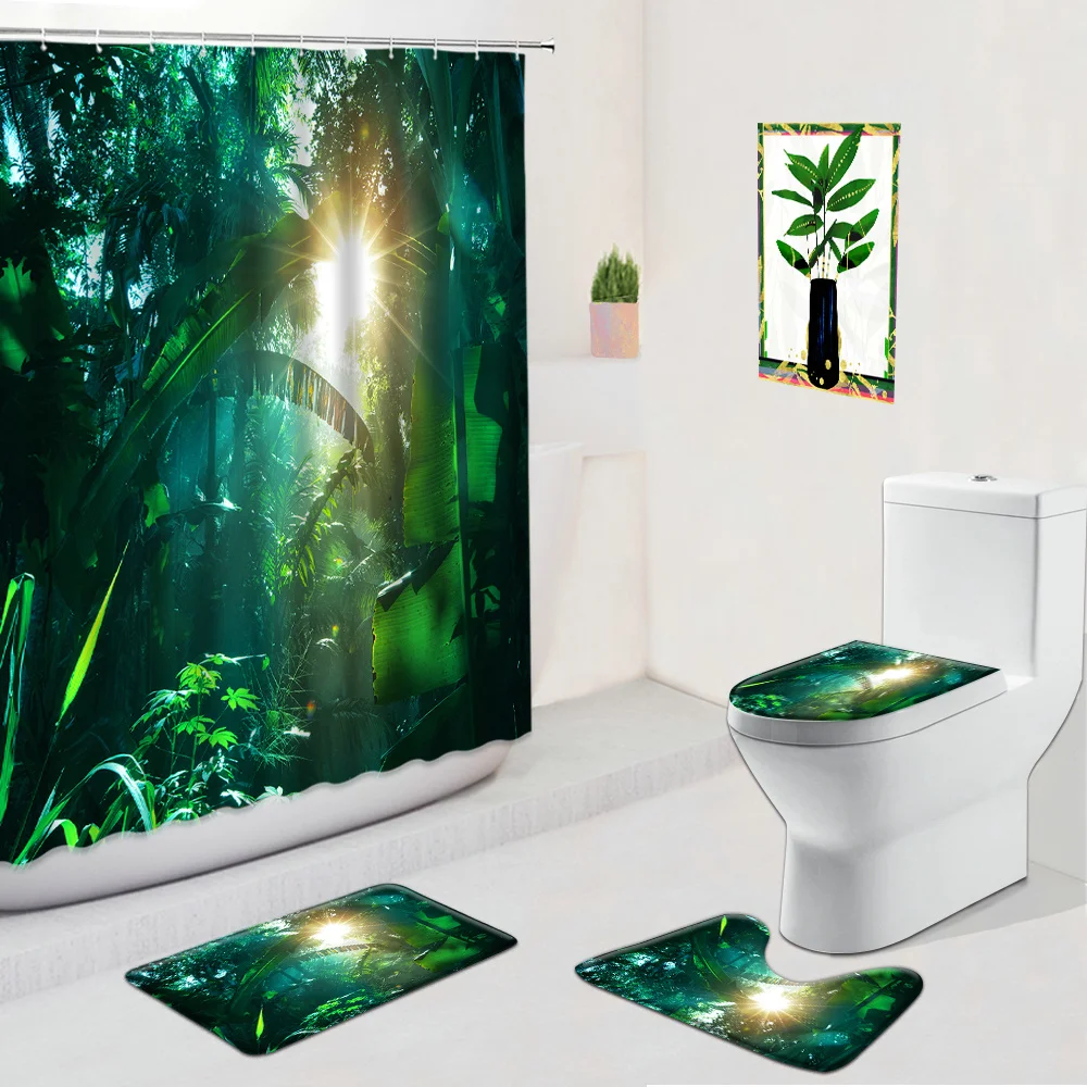 

Tropical Jungle Scenery Bathroom Set Shower Curtain Spring Landscape Plant Flannel Non-Slip Rug Bath Mats Toilet Cover Cushion