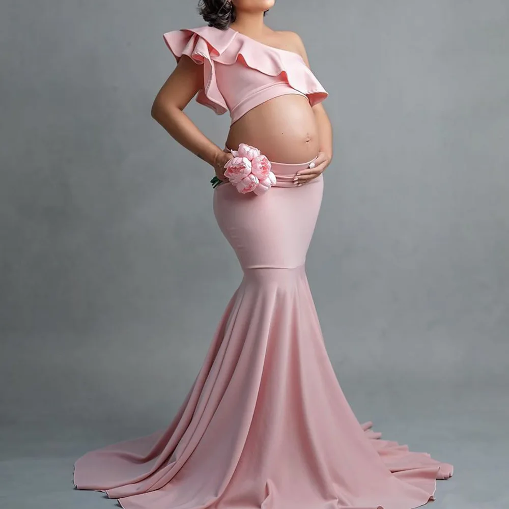 

Maternity mermaid tail Skirt Set For Photography one shoulder Ruffles crop top Pregnancy Photography Props trumpet Skirt set