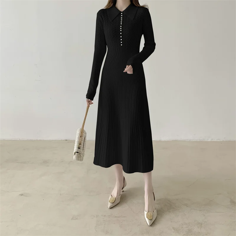 Женское трикотажное платье-миди с длинным рукавом и воротником-поло | Женская