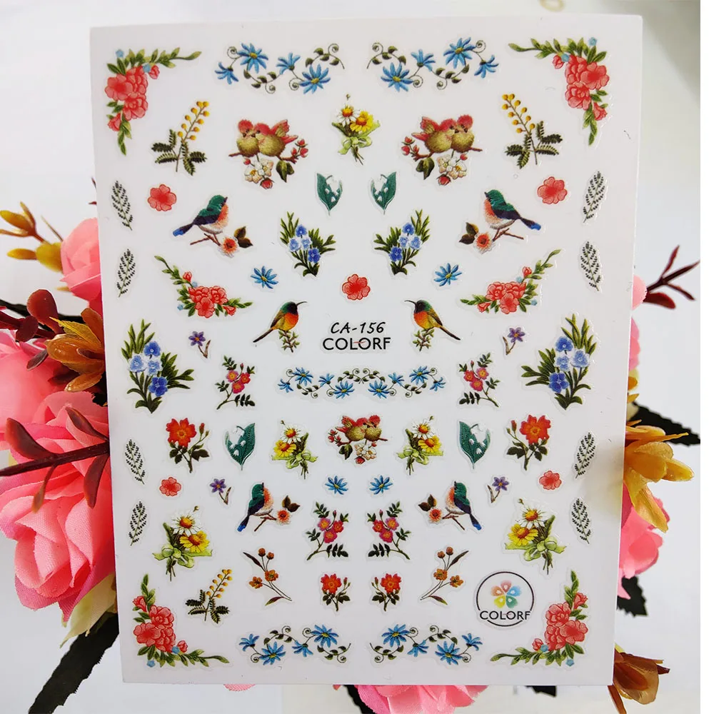 

3D Nail Art Stickers Watercolor Flowers Birds Self-adhesive Nail Decoraciones Foil Decals Manicure Design Accessories on Nails