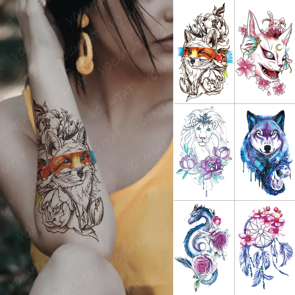 

Waterproof Temporary Tattoo Sticker Fox Lion Cat Wolf Dragon Flash Tattoos Dream Catcher Rose Body Art Arm Fake Tatoo Women Men