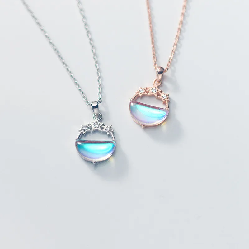 

S925 Sterling Silvers Korean Fashion Fluorescent Color Round Crystal Star Pendant Necklace For Women Lady Daughter Jewelry Gift