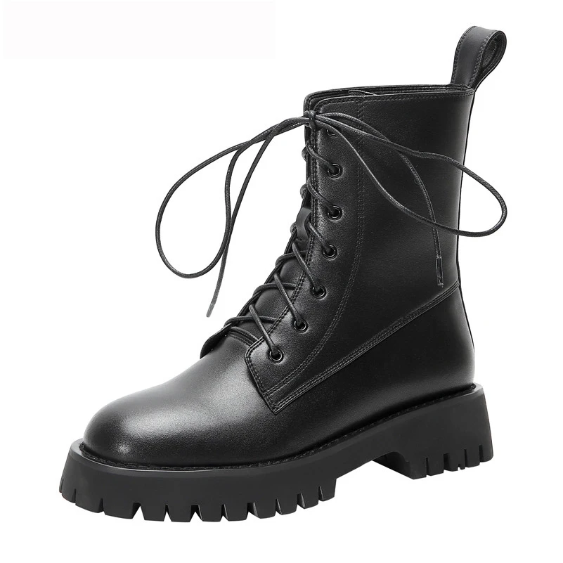 

ANNYMOLI Flat Platform Mid Calf Boots Women Real Leather Motorcycle Boots Lace Up Short Boots Round Toe Ladies Shoes Autumn 40