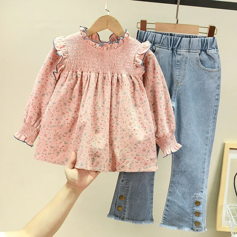 Children'S Clothing 2022 Spring Autumn New Floral Cute Baby Shirt +Denim Bell Bottom Jeans Pants Casual Sweet Girls Clothes Suit