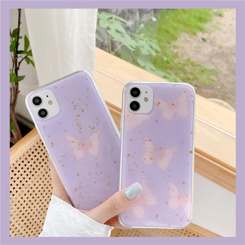 

INS Cute Glitter Purple Butterfly Phone Case For iPhone 11 Pro Max XR XS Max 6 7 8 Plus X Soft Gold Foil Back Cover Gift
