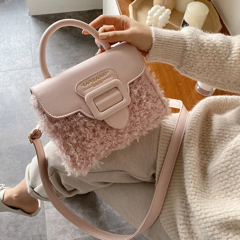 pink Новая модная сумка из овечьей шерсти для женщин осень зима корейский стиль милая сумка через плечо bolso mujer - Цвет: pink