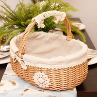 handmade wicker rattan basket with cloth lining box camping picnic basket fruit storage case home decor flower basket