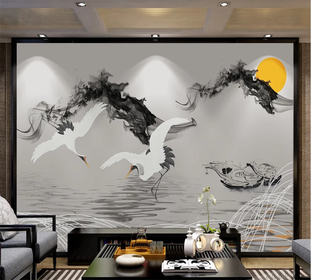 Пользовательские 3D обои настенные абстрактные дымки пейзаж Рыба Лодка журавль