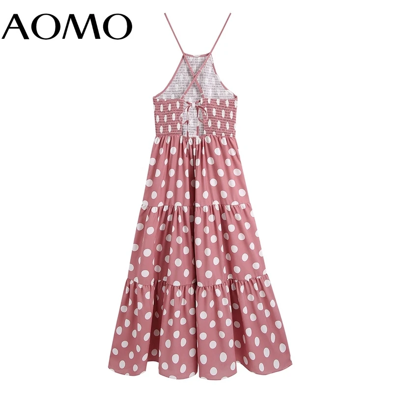 

AOMO Fashion Pink Dots Print Halter Dresses for Women 2021 Back Lace Up Female Casual Beach Dress CE182A