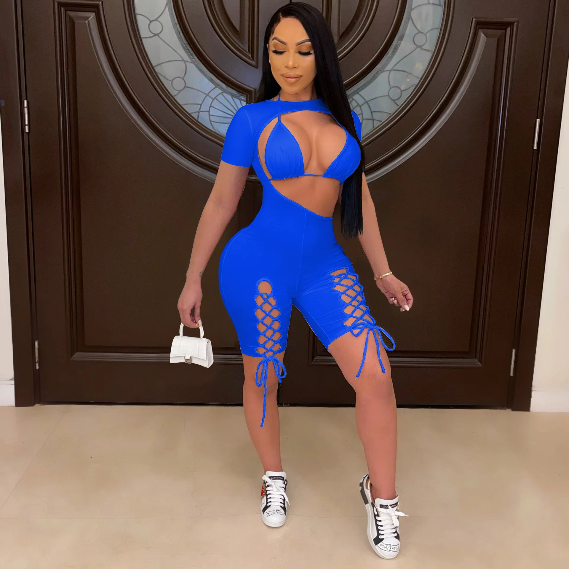 

Sexy Women Two Piece Set Jumpsuit + Crop Top Hollow Out Drawstring Short Sleeve Party Night Clothes For Women