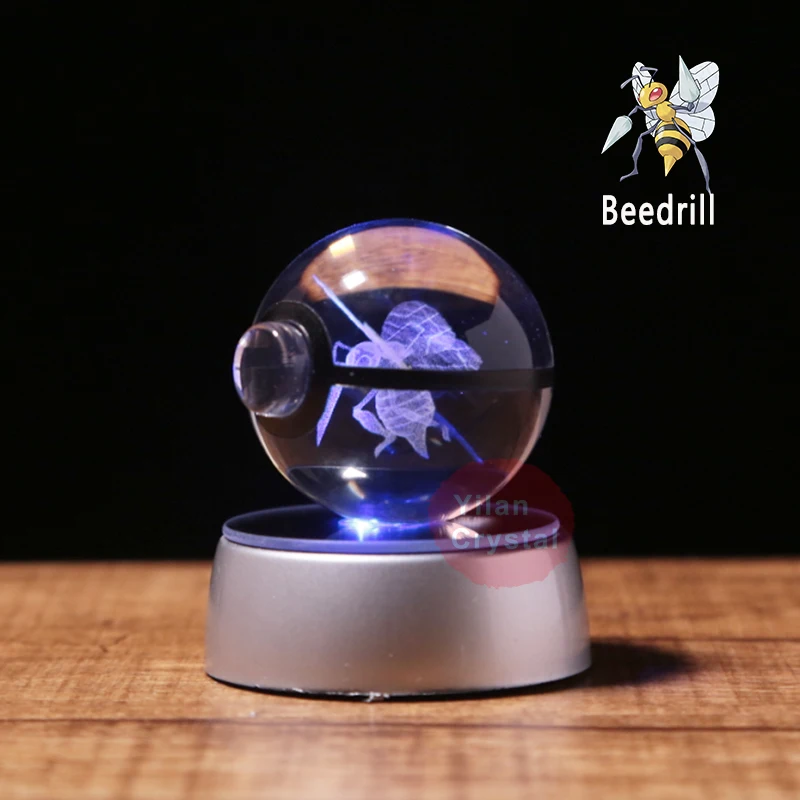 Anime Pokemon Beedrill 3D Crystal Ball Pokeball Anime Figures Engraving Crystal Model with LED Light Base Kids Toy ANIME GIFT