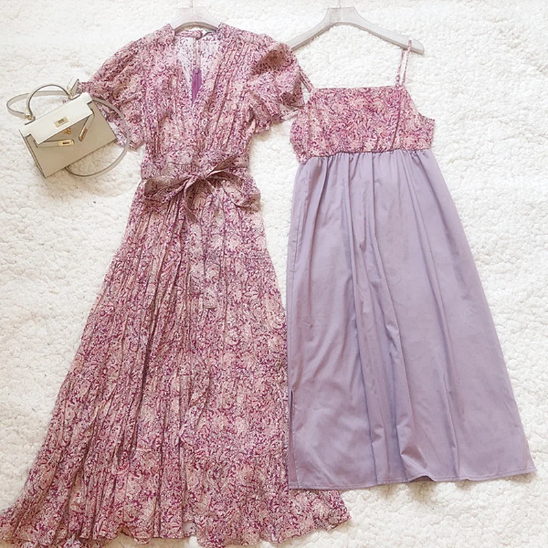 

Summer Vintage Print V-Neck long Dress for Women Sweet Slim Lace Up Vestidos Mujer Short Sleeve Ruffles Rope + elegant Camis