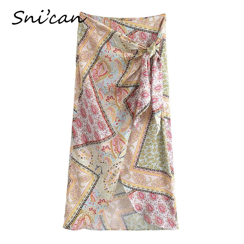 Юбка-миди Асимметричная составного кроя с узлами высокой талией и Пейсли-принтом