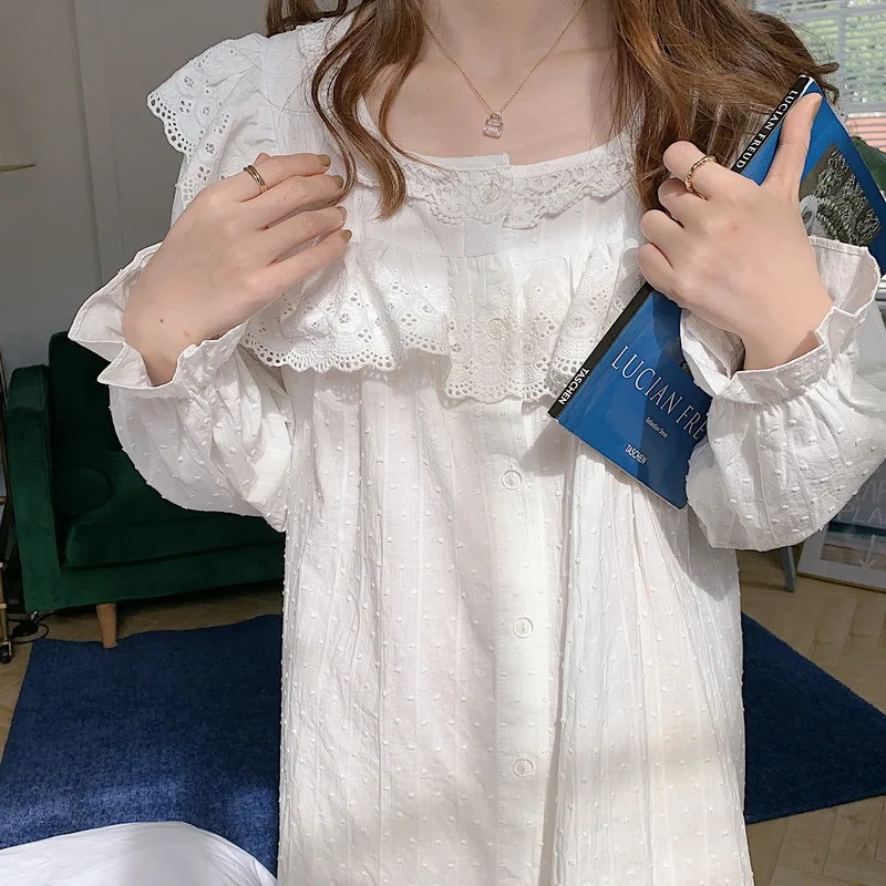 Spring 2021 New Korean Solid Color Cotton Casual Jacquard Lace Long Sleeve Nightdress Home Wear Sexy Nightgown Sleep Tops