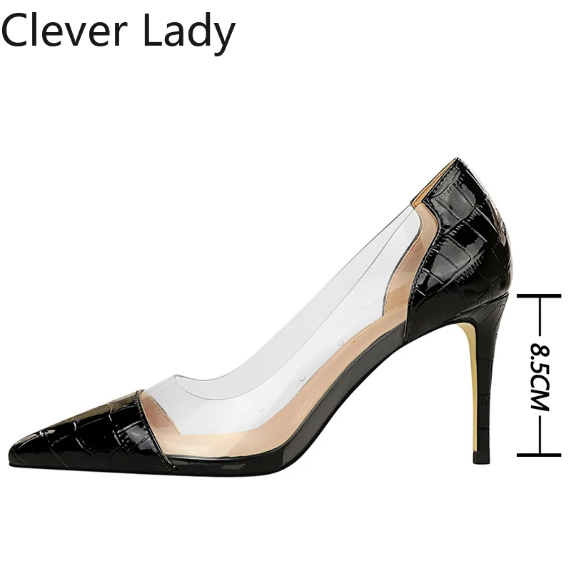 

Clever Lady High Heels Women Stiletto Sexy Party Shoes Clear Heels Woman Grain Pumps Fashoin Transparent 8cm Casual Women Shoes