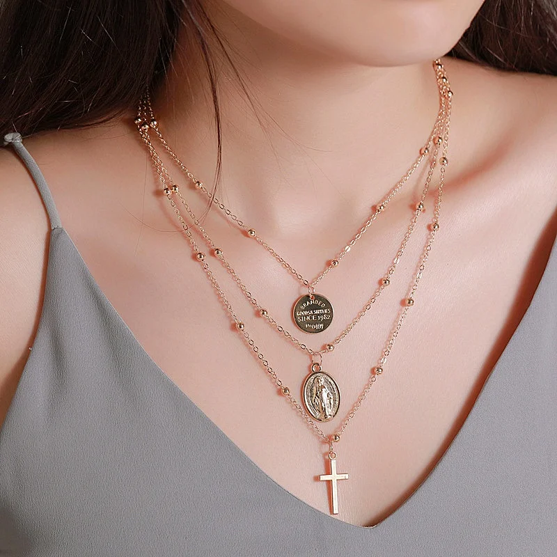 

Ladies Fashion New Three-Layer Letter Jesus Cross Pendant Clavicle Chain Necklace Jewelry Gift for Women Party Neck Decor