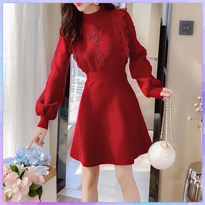 Фото Autumn Winter Slim Waist Lantern Long Sleeve Elegant Women's Dress Lace Patchwork Knitted Mini Dresses Vestidos платье женское №1