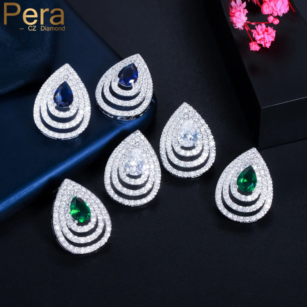 

Pera Stunning Green Blue Cubic Zirconia Silver Color Multiple Waterdrop Shape Stud Earings for Women Prom Party Jewelry E777