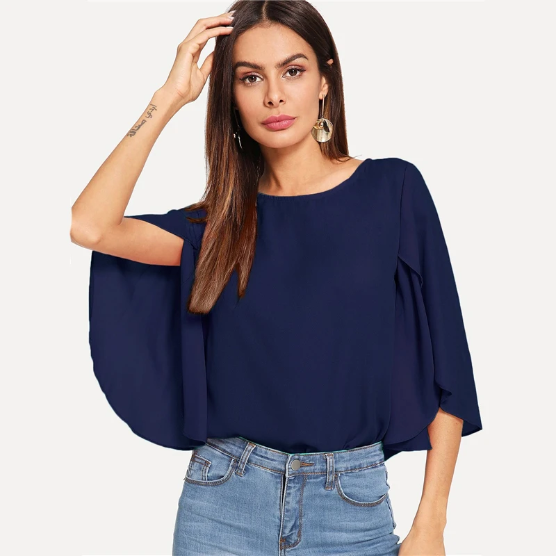SHEIN Нарядная Одноцветная Блузка С Оригинальным Рукавом Элегантная Осенняя Блузка Для Офиса Современные Женские Топы