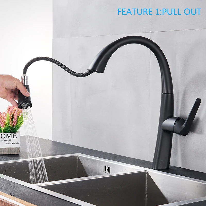 Matte Black Pull Out Kitchen Faucet Chrome 360 degree rotating Elegant Kitchen Sink Faucets Dual water modes Hot Cold Mixer Tap