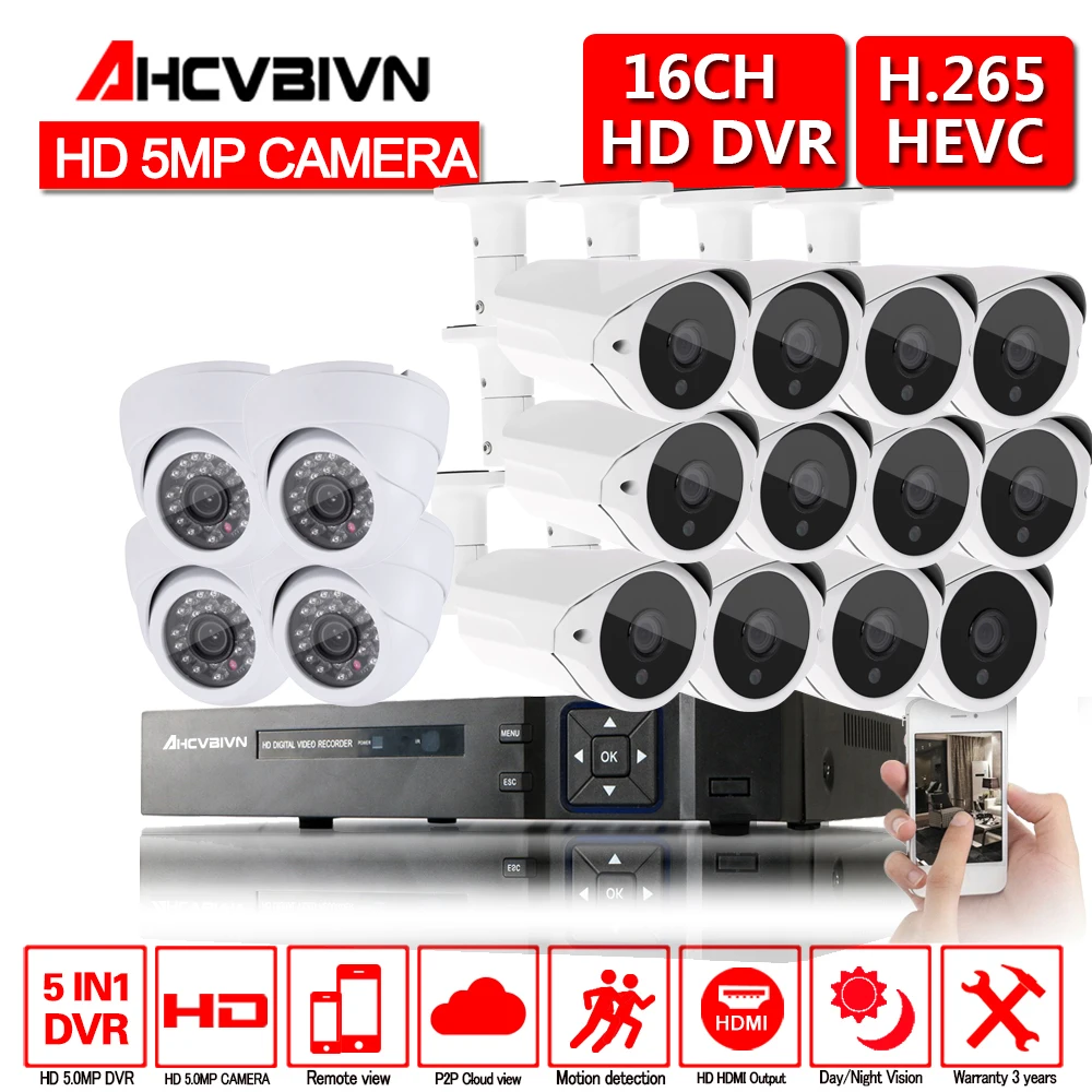 Комплект видеонаблюдения SONY H.265 16CH 5MP AHD 4 комнатных и 12 наружных камеры IP67 система с комплектом высокого