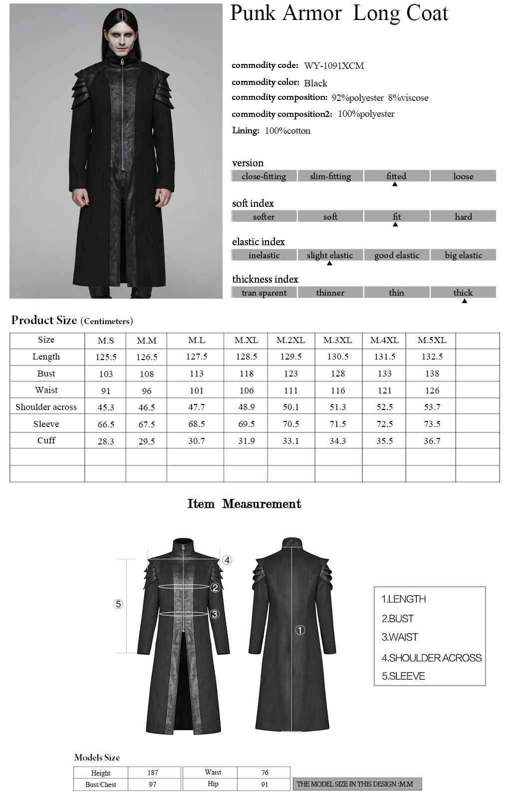 

PUNK RAVE Mens Punk Armor Long Coat Double-side-woolen with Pockets on Both Sides Party Stage Performance Winter Long Jacket