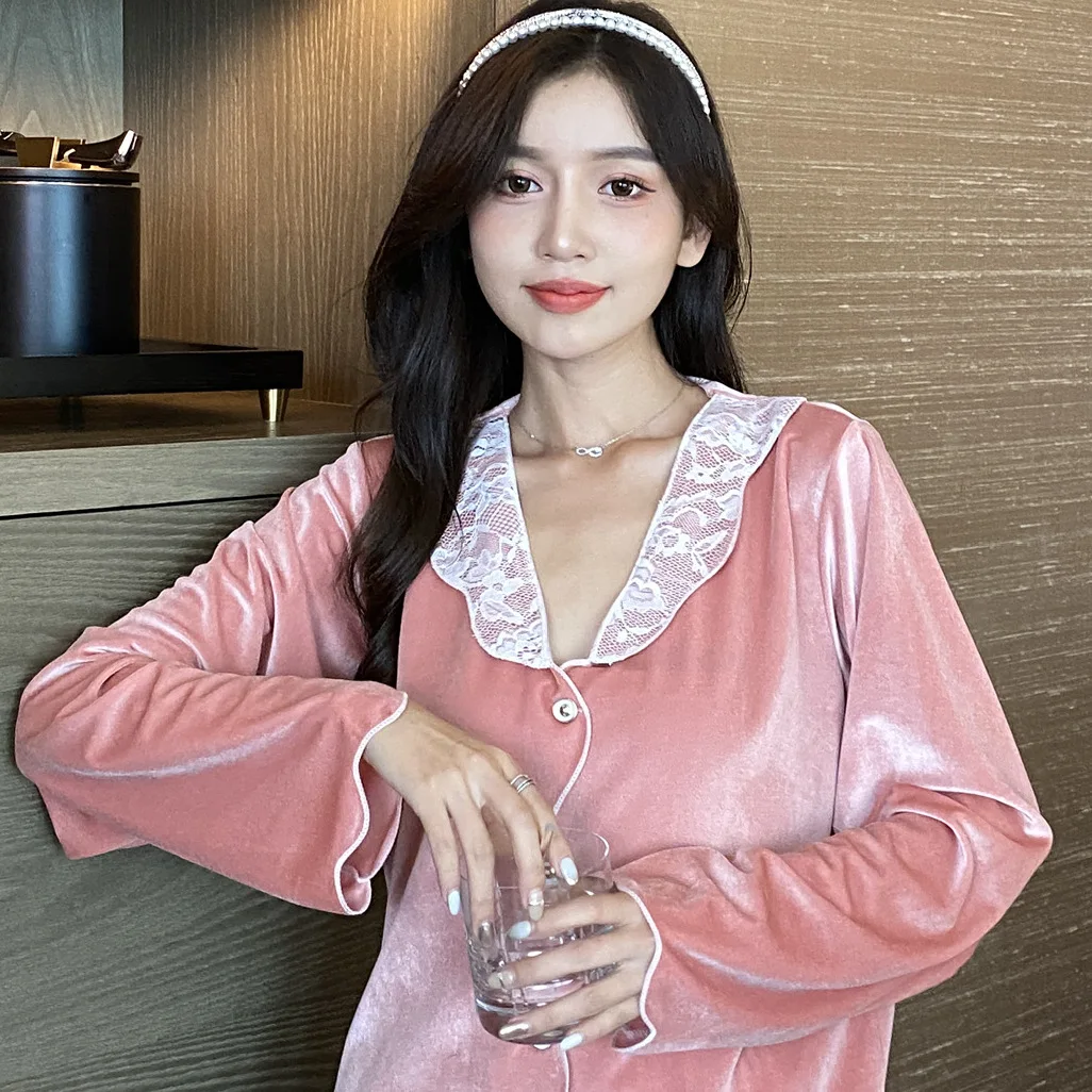 Home Clothes for Women Lace Thin Section Solid Color Button Up Pajama Set Spring Autumn Woman Princess Long Sleeved Lace