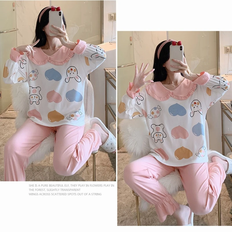 

2021 spring and autumn two-piece pink rabbit home service long-sleeved trousers pajamas women's comfortable cotton home service