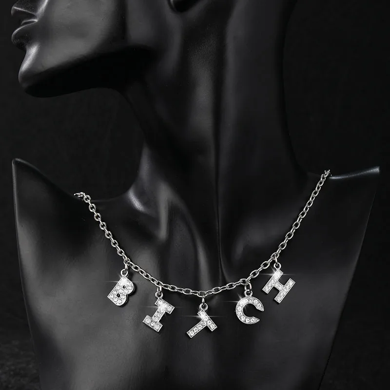 

Hip Hop Harajuku Letter Iced Out Chain Micro Pave Zircon BITCH PRINCESS Crystal Angel Pendant Necklace Charm For Women BFF
