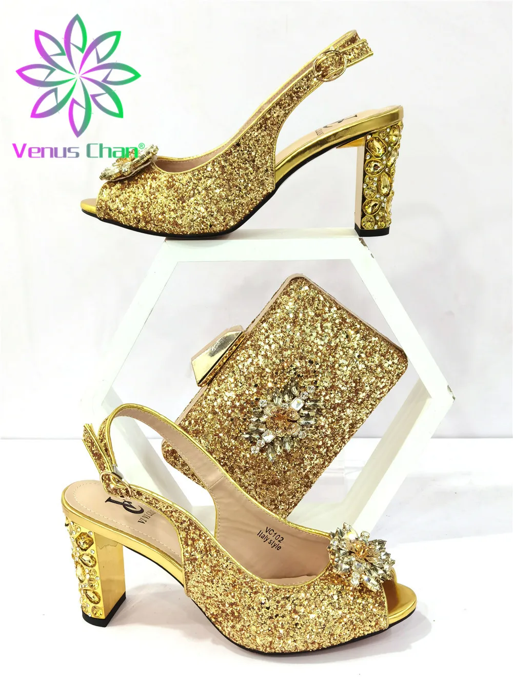 

In Golden Color Italian Design Fashion Fullness of Crystal Mixin Metal Style Women Shoes and Bag 2021 African Set for Party