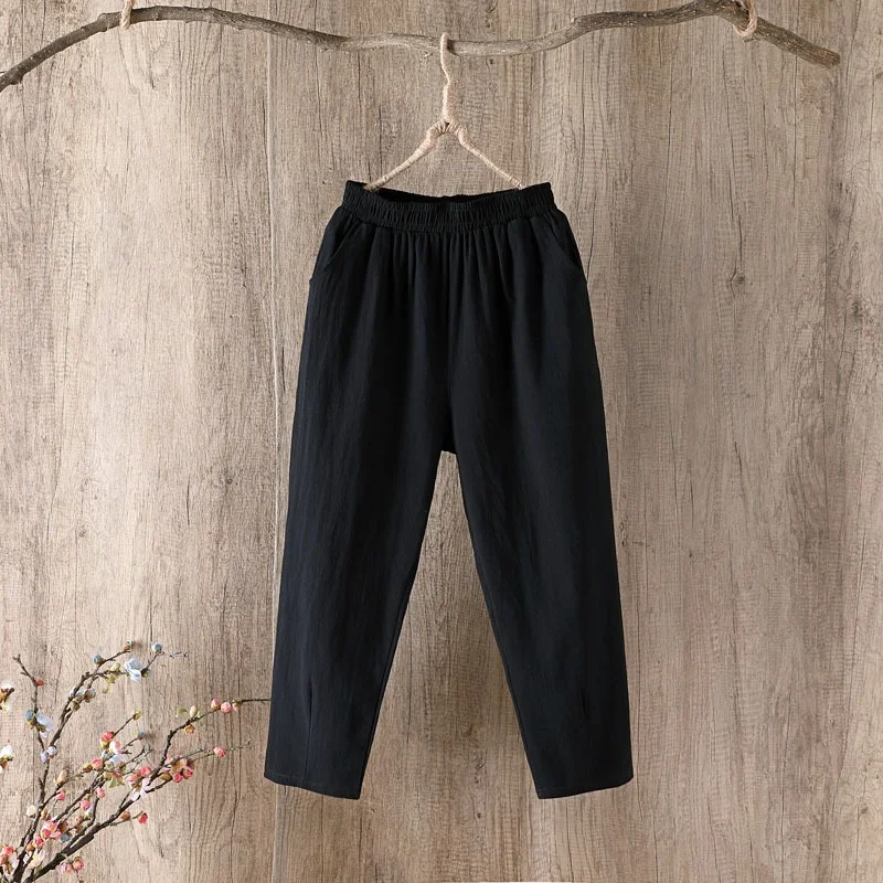 

Cotton Linen Pants Women Spring Summer Large Size Solid Color Harem Pants Elastic Waist Loose Casual Woman's Linen Trousers