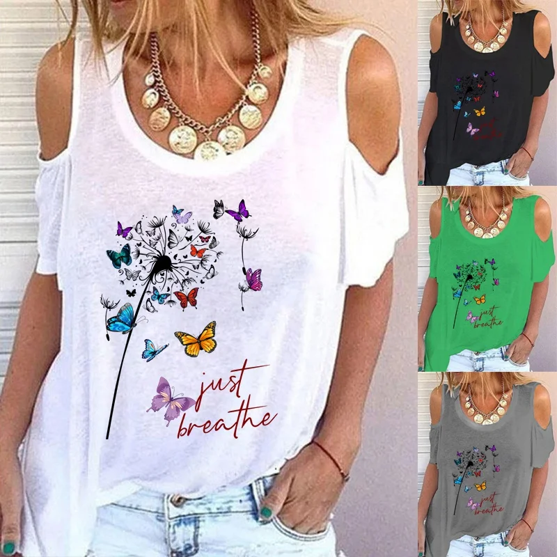 

Женская футболка с открытыми плечами, круглым вырезом и коротким рукавом