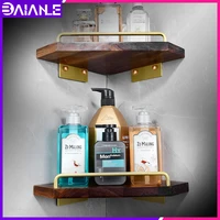 bathroom corner walnut shelf wall solid triangle rack shower waterproof brushed gold double layer storage rack shampoo holder
