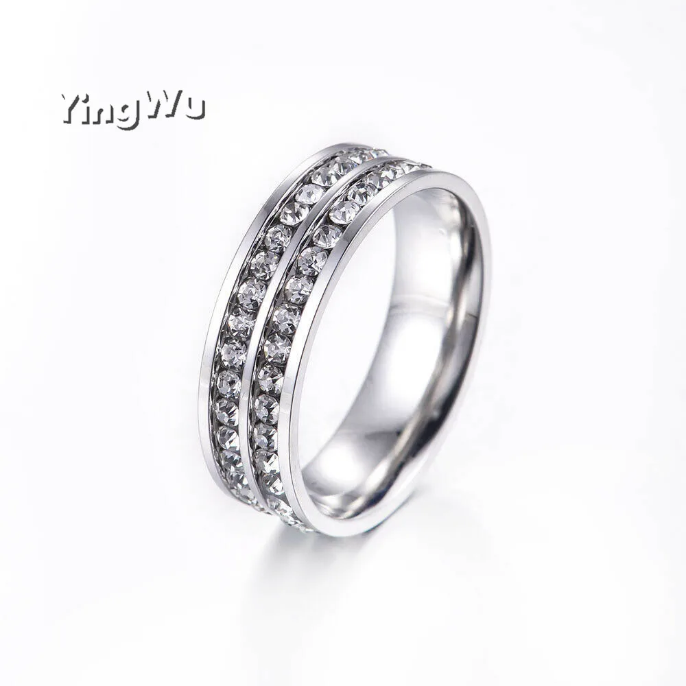 YingWu 2 Row Lines Clear Crystal Wedding Rings For Women Fashion Rhinestone Stainless Steel Female Teen Jewelry mujer 5pcs Lot | Украшения