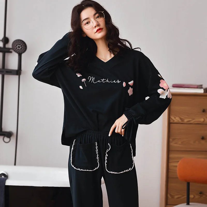 Женские пижамы новые хлопковые с принтом 2 шт. длинные рукава и брюки свободные